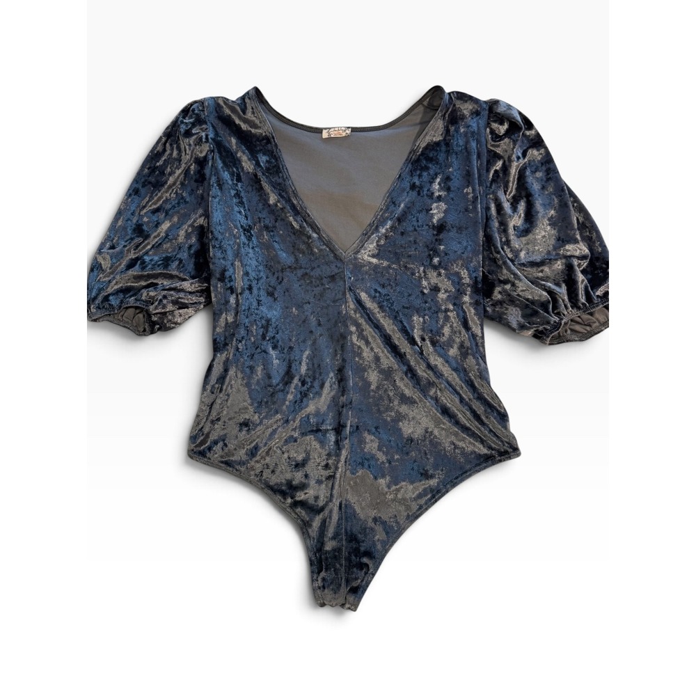 Intimately Free People Navy Blue Crushed Velvet Puff Sleeve Bodysuit OB1585145